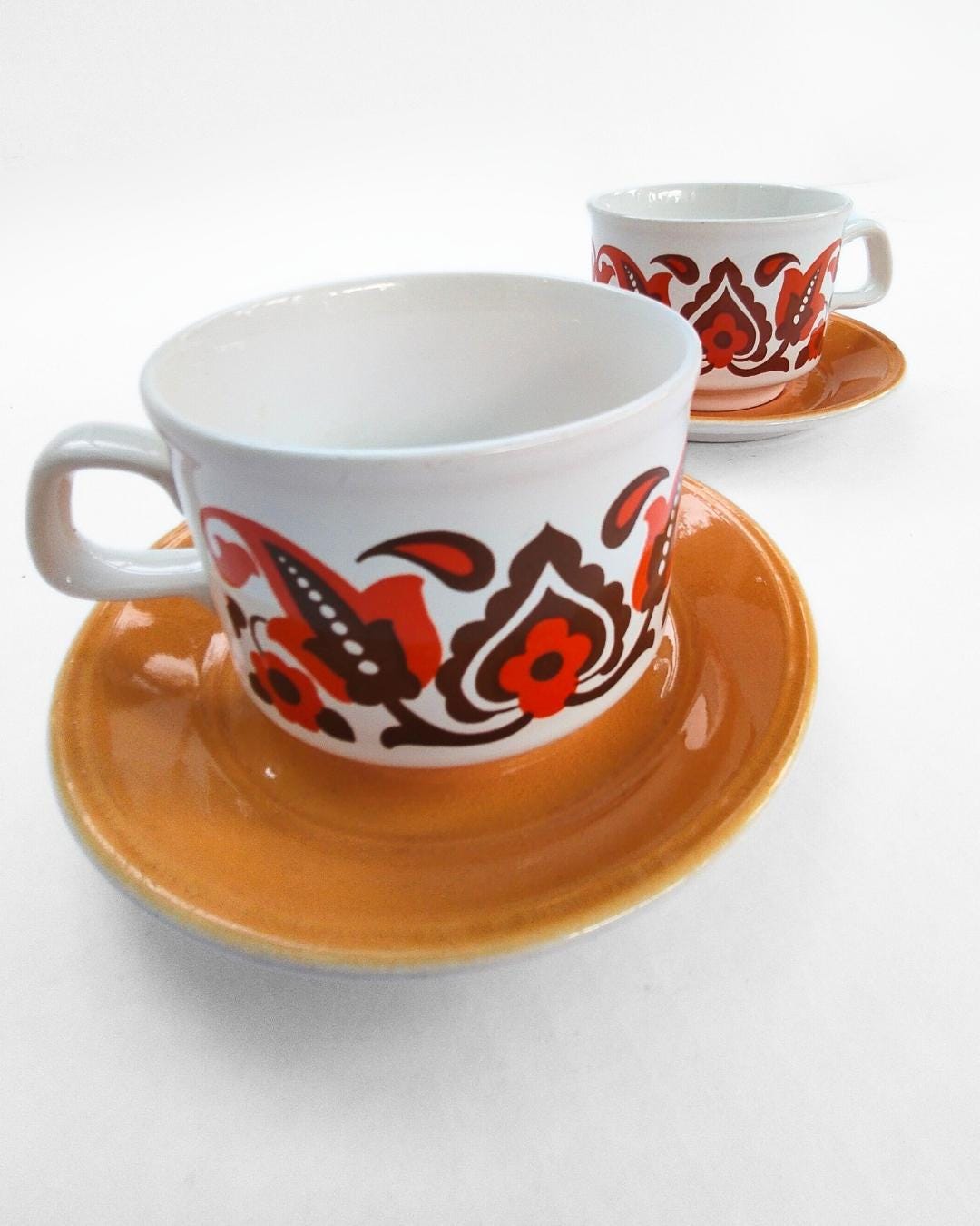 Vintage 1970s Staffordshire Pottery Cups & Saucers - Retro Orange 