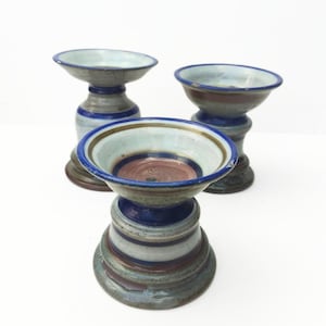 Vintage Studio Pottery Candle Holders, Set of 3, Blue Grey & Brown Glazed Pottery, Mid Century Rustic Candlesticks, Boho Home Decor