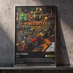 Puede incluir: Un póster enmarcado con la ilustración del videojuego Factorio que muestra una compleja escena de fábrica industrial, un tren rojo y el texto Factorio Wube. La sección inferior incluye una descripción del juego, la fecha 25 FEB 2016 y muestras de color.