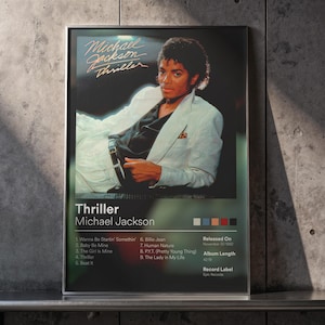 Può includere: Un poster incorniciato con Michael Jackson dall'album "Thriller". L'immagine mostra Jackson con una giacca bianca e una camicia nera. Il poster include il titolo dell'album, il nome dell'artista, la tracklist e le informazioni di rilascio. Lo sfondo è una sfumatura verde e nera.