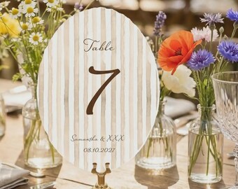 Brown Striped Oval Table Number Template Wedding Table Sign Editable Canva Modern Printable Table Numbers Wedding Decor, Oval Striped Card