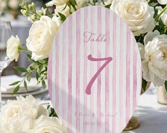 Pink Striped Oval Table Number Template Wedding Table Sign Editable Canva Modern Printable Table Numbers Wedding Decor, Striped Card