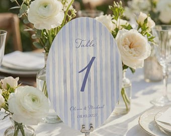 Blau gestreifte ovale Tischnummer Vorlage Hochzeitstischschild Bearbeitbare Canva Moderne druckbare Tischnummern Hochzeitsdekor, gestreifte Karte