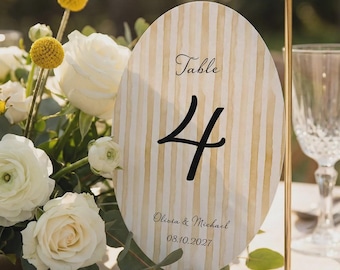 Yellow Striped Oval Table Number Template Wedding Table Sign Editable Canva Modern Printable Table Numbers Wedding Decor, Striped Card