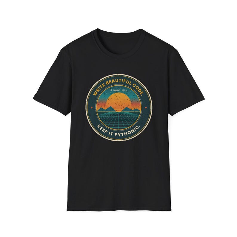 Write Beautiful Code Retro Sunset Python T-Shirt, Keep It Pythonic Shirt, Vintage 80s Programmer Tee, Developer Gift, Coding Humor image 3