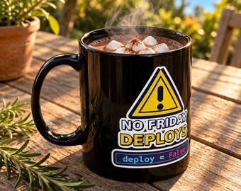 Funny No Friday Deploys Programmer Black Mug, Coding Humor Developer Gift, Software Engineer Coffee Cup, Ceramic Mug 11oz 15oz, DevOps Gift