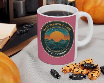 Write Beautiful Code Mug, Retro Sunset Python Coffee Mug, Keep It Pythonic, Vintage 80s Programmer Cup, Developer Gift