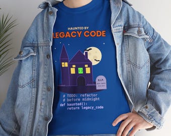 Maglietta di Halloween "Haunted by Legacy Code", maglietta divertente da programmatore, maglietta di Halloween per sviluppatori, regalo di programmazione a tema casa stregata, sviluppatore Python