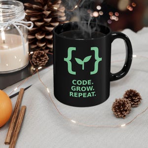 Programmer Coffee Mug, Code Grow Repeat Developer Mug, Coding Gift, Software Engineer Gift, Coder Cup, Curly Braces Sprout Tea Mug