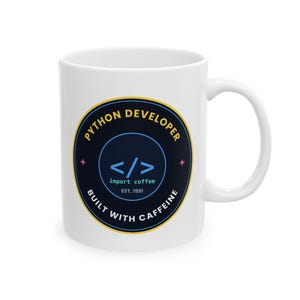 Taza de café para desarrolladores de Python, taza retro con insignia de programador, hecha con cafeína, regalo de estilo vintage para programadores, taza para ingenieros de software, 325 ml, 444 ml imagen 2