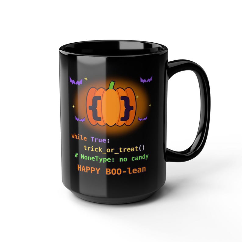 Taza de Halloween para programadores / Taza de café divertida con temática de programación en Python / Regalo de Halloween para desarrolladores "Happy BOO-lean" / Taza para ingenieros de software geek imagen 10