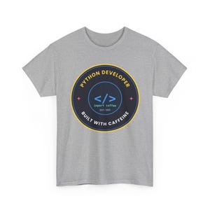 Python Developer Retro Badge T-Shirt, Vintage Style Programmer Tee, Built With Caffeine, Coding Gift for Software Developer image 6
