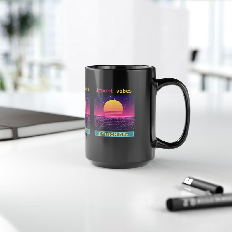 Import Vibes Python Developer Black Mug, Retro Synthwave Programmer Coffee Cup, Coding Humor Gift, Software Engineer Ceramic Mug 11oz 15oz imagem 8