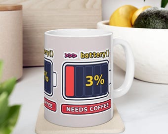 Funny Battery 3 Percent Needs Coffee Programmer Mug, Python Coding Humor Developer Gift, Software Engineer Coffee Cup, Ceramic Mug 11oz 15oz