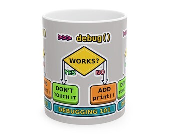 Funny Debugging 101 Programmer Mug, Coding Humor Developer Gift, Software Engineer Coffee Cup, Computer Science Geek Ceramic Mug 11oz 15oz
