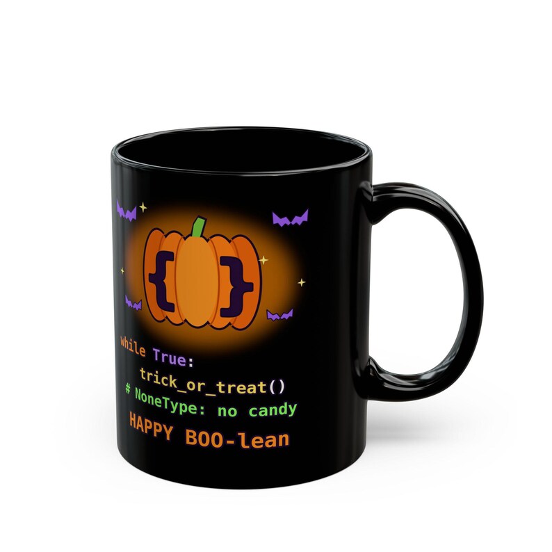 Taza de Halloween para programadores / Taza de café divertida con temática de programación en Python / Regalo de Halloween para desarrolladores "Happy BOO-lean" / Taza para ingenieros de software geek imagen 1