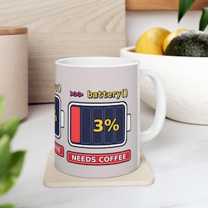 Funny Battery 3 Percent Needs Coffee Programmer Mug, Python Coding Humor Developer Gift, Software Engineer Coffee Cup, Ceramic Mug 11oz 15oz