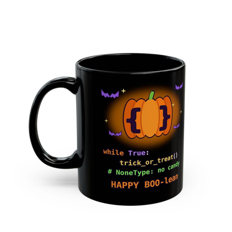 Taza de Halloween para programadores / Taza de café divertida con temática de programación en Python / Regalo de Halloween para desarrolladores "Happy BOO-lean" / Taza para ingenieros de software geek imagen 2
