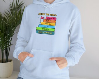 Moletom com capuz para aprendizes de Python, design "Do Zero ao Herói" (do inglês "Zero to Hero"), marca Gildan, tamanho 18500.