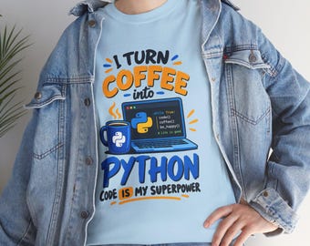 Ik verander koffie in Python-code T-shirt, grappig programmeur T-shirt, cadeau voor softwareontwikkelaar, T-shirt met codeer-superkracht, T-shirt voor computerwetenschapsnerds
