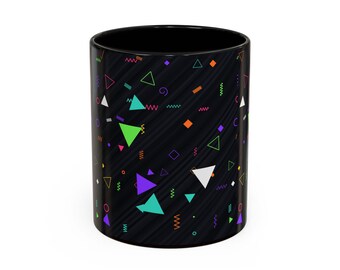 Stylish 80's Classic Retro Print | Neon Geometric Shapes Mug | Black Accent Coffee Mug