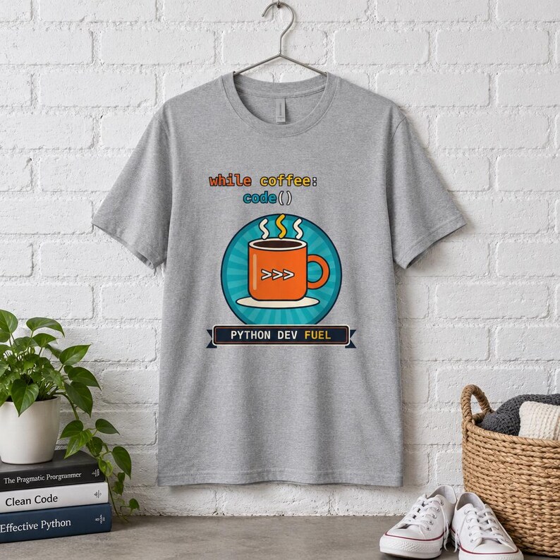While Coffee Code Python Developer T-Shirt, Funny Programmer Coffee Lover Shirt, Software Engineer Coding Gift, Tech Nerd Geek Tee, afbeelding 2