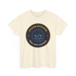 Python Developer Retro Badge T-Shirt, Vintage Style Programmer Tee, Built With Caffeine, Coding Gift for Software Developer image 7
