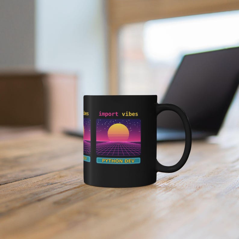 Import Vibes Python Developer Black Mug, Retro Synthwave Programmer Coffee Cup, Coding Humor Gift, Software Engineer Ceramic Mug 11oz 15oz imagem 6