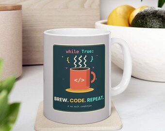 Brew Code Repeat Coffee Mug, While True Loop Programmer Mug, Python Developer Gift, Funny Coder Cup, Coffee Lover Mug