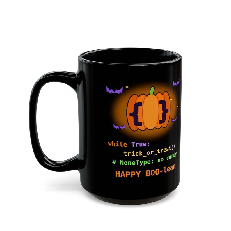 Taza de Halloween para programadores / Taza de café divertida con temática de programación en Python / Regalo de Halloween para desarrolladores "Happy BOO-lean" / Taza para ingenieros de software geek imagen 8