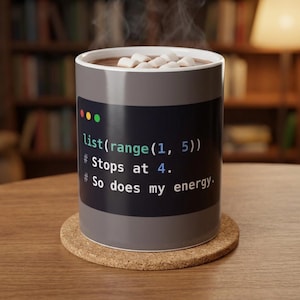 May include: A gray ceramic mug filled with a hot beverage topped with marshmallows. The mug features a black rectangular graphic with the code text: list(range(1, 5)) # Stops at 4. # So does my energy. The mug has three small colored dots at the top.