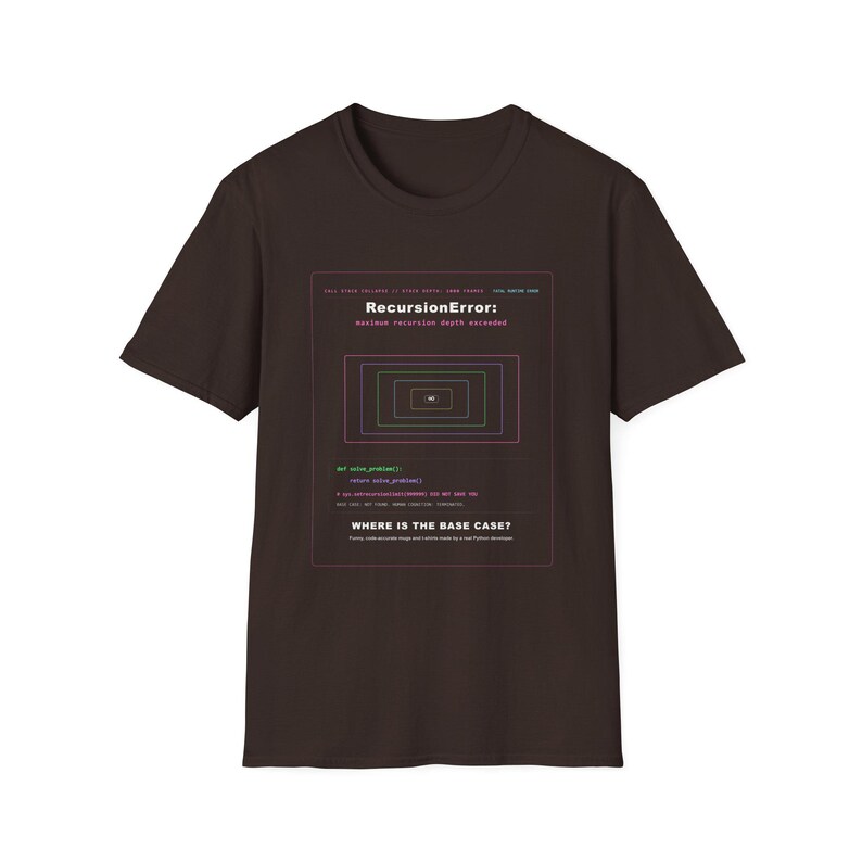 Camiseta divertida para programadores de Python / Humor sobre errores de recursión en la programación / Regalo para ingenieros de software / Para fanáticos de la informática / Camiseta para desarrolladores sobre depuración imagen 2