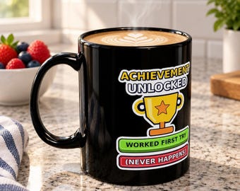 Achievement Unlocked Worked First Try Funny Programmer Black Mug, Coding Humor Developer Gift, Software Engineer Ceramic Mug 11oz 15oz