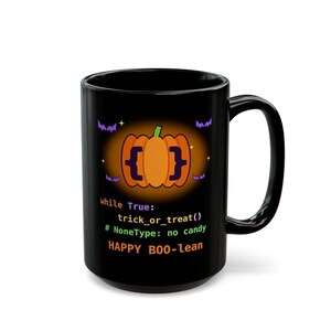 Taza de Halloween para programadores / Taza de café divertida con temática de programación en Python / Regalo de Halloween para desarrolladores "Happy BOO-lean" / Taza para ingenieros de software geek imagen 9