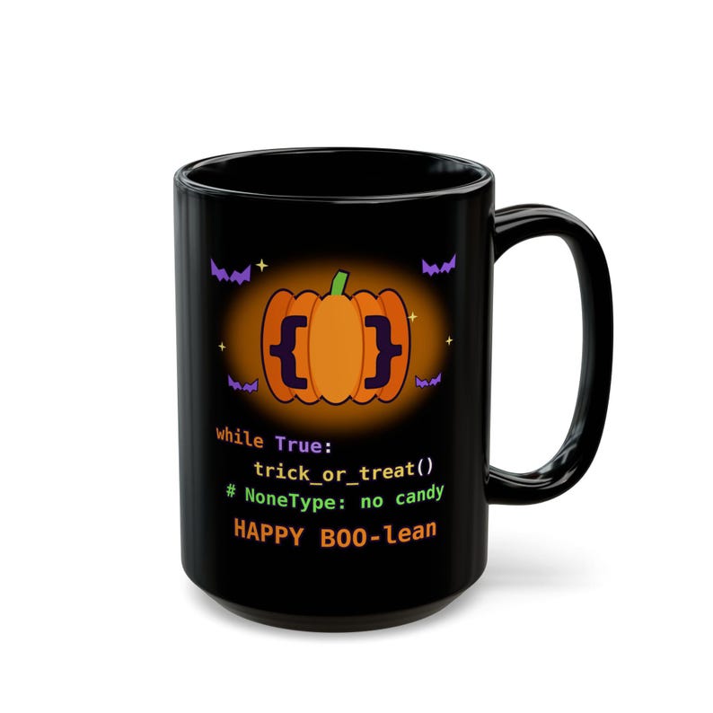 Taza de Halloween para programadores / Taza de café divertida con temática de programación en Python / Regalo de Halloween para desarrolladores "Happy BOO-lean" / Taza para ingenieros de software geek imagen 9