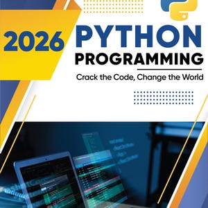 Puede incluir: Portada de libro con el título "2026 Python Programming" y el subtítulo "Crash Course for Beginners". La imagen muestra un portátil con código en la pantalla y el lema "Crack the Code, Change the World". El diseño incluye formas geométricas amarillas y azules.