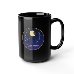 Midnight Debugger Coffee Mug, Night Owl Programmer Mug, Celestial Moon Developer Cup, Python Coder Gift, Late Night Coding Mug