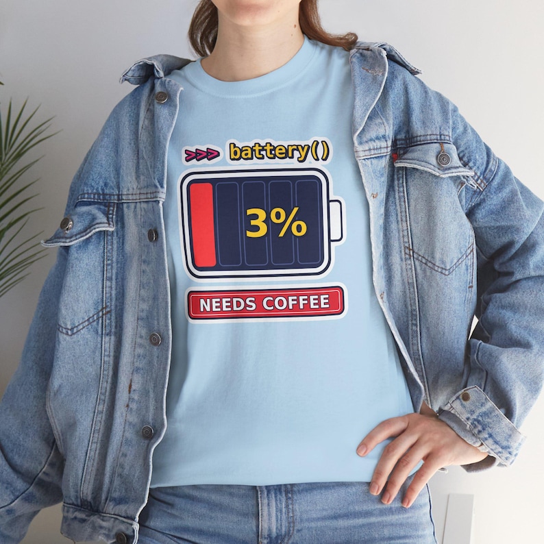 Funny Python Programmer T-Shirt, Needs Coffee Battery Shirt, Developer Gift, Coder Humor Tee, Low Battery Programmer image 1