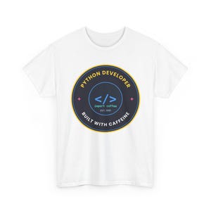 Python Developer Retro Badge T-Shirt, Vintage Style Programmer Tee, Built With Caffeine, Coding Gift for Software Developer image 5