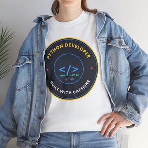 Python Developer Retro Badge T-Shirt, Vintage Style Programmer Tee, Built With Caffeine, Coding Gift for Software Developer image 4