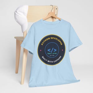 Python Developer Retro Badge T-Shirt, Vintage Style Programmer Tee, Built With Caffeine, Coding Gift for Software Developer image 2
