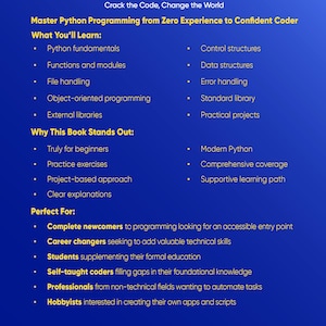 May include: A blue graphic with the title "PYTHON PROGRAMMING" in yellow. The text details Python programming fundamentals, data structures, and practical projects. It's designed for beginners, career changers, students, and hobbyists.