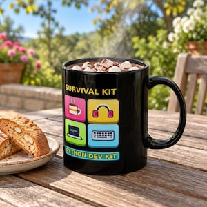 Python Developer Black Mug, Colorful Survival Kit Design, 11oz or 15oz