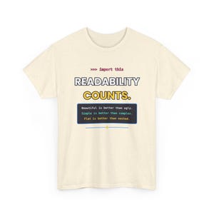 T-shirt met de tekst "Readability Counts" (Leesbaarheid telt) voor Python, "Zen of Python" (Zen van Python), "Import This Programmer" (Importeer deze programmeur), "Clean Code" (Schone code) - Cadeau voor ontwikkelaars, Minimalistische code