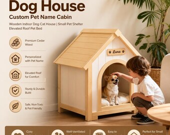 Personalized Cedar Dog House, Custom Pet Name Cabin, Indoor Pet Shelter