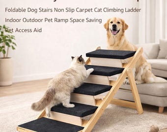 Eco-Friendly Wooden Pet Ramp: Foldable Dog Stairs, Non-Slip Carpet Cat Ladder