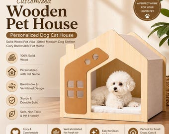 Customized Solid Wood Pet House, Personalized Dog Cat Villa, Small Medium Shelter