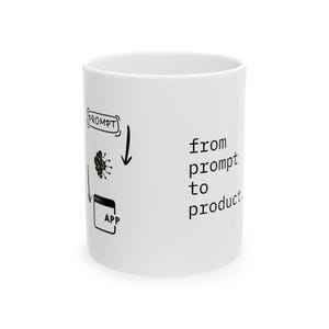 Peut inclure: Mug en céramique blanche avec texte et illustrations noirs. La tasse présente l'expression "from prompt to product" et un schéma montrant le processus de l'invite à l'application. La tasse est de taille standard.