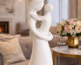 Escultura de mármol blanco de madre e hijo – Estatua de piedra tallada a mano de 70 cm, arte familiar moderno, figura minimalista