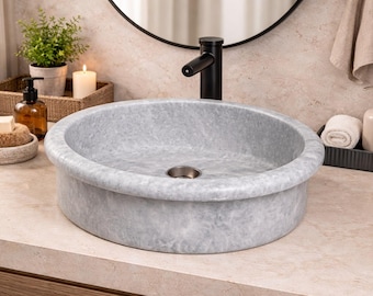 Lavabo de mármol gris, lavabo de piedra natural tallado a mano, lavabo de tocador moderno.